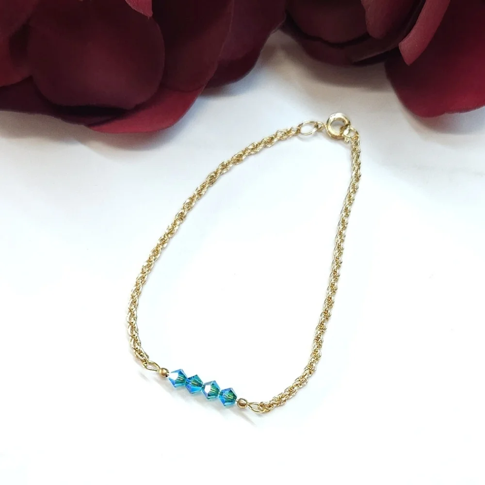 Handmade Teal Blue AB Crystal Bar Bracelet Gold Chain